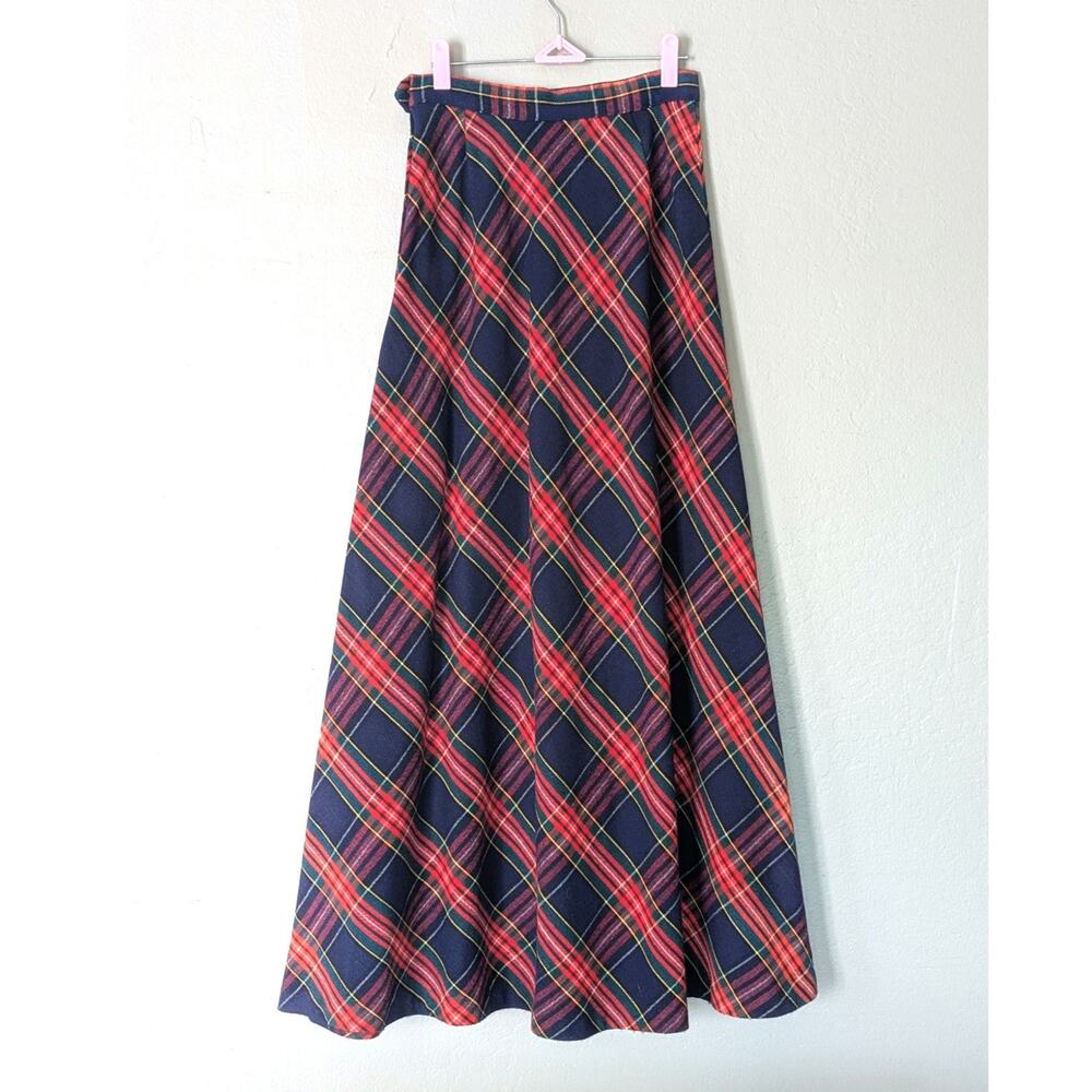 Vintage 70s Tartan Plaid Maxi Skirt Bias Cut Navy Red Green Sz S